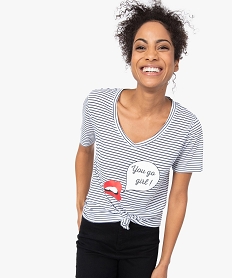 GEMO Tee-shirt femme imprimé à manches courtes et col V blanc vif