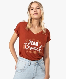 GEMO Tee-shirt femme imprimé à manches courtes et col V Brun
