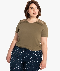 GEMO Tee-shirt femme manches courtes avec dentelle aux épaules Vert