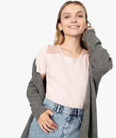 GEMO Tee-shirt femme à manches courtes avec épaules en dentelle Rose