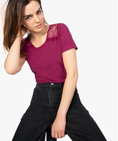 GEMO Tee-shirt femme à manches courtes avec épaules en dentelle Violet