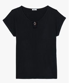 tee-shirt femme en maille gaufree avec petit bijou au col noirA014701_4