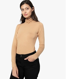 GEMO Tee-shirt femme uni avec col roulé et manches longues marron vif