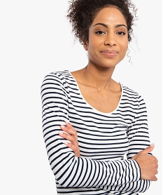 tee-shirt femme raye a manches longues contenant du coton bio imprimeA016601_2