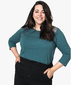 GEMO Tee-shirt femme à manches longues et dentelle aux épaules vert vif