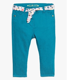 GEMO Pantalon bébé fille coupe slim avec ceinture fleurie à nouer Bleu