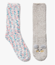 chaussettes femme en maille peluche multicolore et motif souris grisA045501_1
