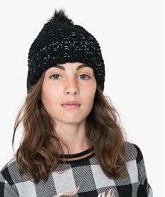 GEMO Bonnet fille à fil dargent et pompon duveteux Noir