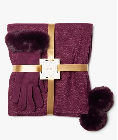 ensemble femme echarpe a pompons et gants tactiles violetA067601_1