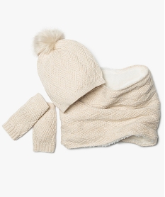 GEMO Ensemble femme snood + mitaines + bonnet pailletés Beige