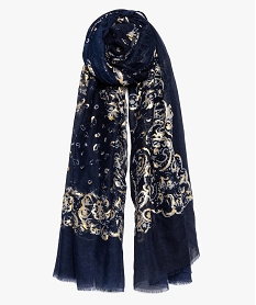 foulard femme a motif dore et finition frangee bleuA069601_1