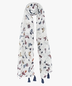 foulard femme imprime papillons en polyester recycle blancA070401_1