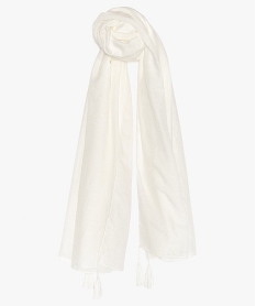 foulard femme oversize en voile texture uni et petits pompons blancA070501_1