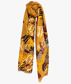 foulard femme multicolore a motif papillons et finition frangee jauneA071301_1