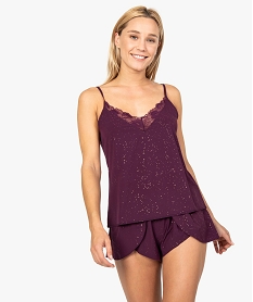 GEMO Pyjashort femme fluide avec dentelle et détails pailletés Violet