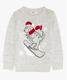 GEMO Pull garçon chiné à motif dinosaure de Noël brodé Gris