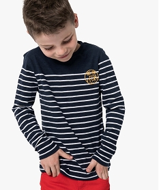 GEMO Tee-shirt garçon à manches longues rayures et petit motif bleu standard