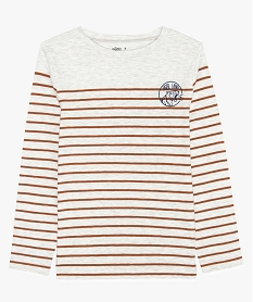 GEMO Tee-shirt garçon à manches longues rayures et petit motif beige chine