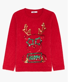 GEMO Pull de Noël fille en maille duveteuse et motif Noël en sequins Rouge