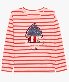 GEMO Tee-shirt fille à manches longues et rayures avec motifs Bleu