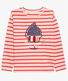 GEMO Tee-shirt fille à manches longues et rayures avec motifs Imprimé