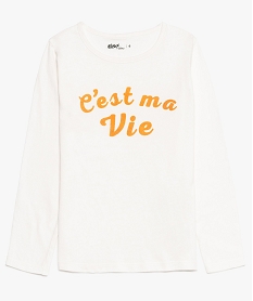 GEMO Tee-shirt fille à manches longues en coton bio avec inscription blanc chine