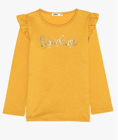 GEMO Tee-shirt fille en crêpe extensible à épaules volantées et inscription pailletée Jaune