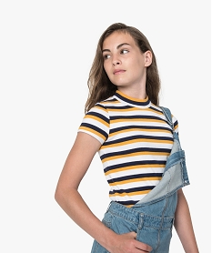 GEMO Tee-shirt fille en maille côtelée à manches courtes et col montant kaki chine