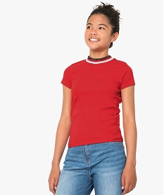 tee-shirt fille en maille cotelee a manches courtes et col montant rougeA138801_1