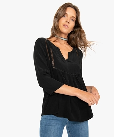 GEMO Blouse femme à manches longues avec dentelle Noir