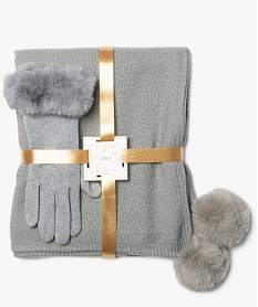 GEMO Ensemble femme écharpe à pompons et gants tactiles Gris