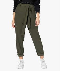 GEMO Pantalon femme en toile avec ceinture à nouer Vert