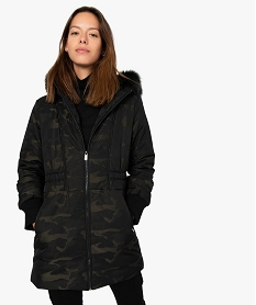 GEMO Manteau femme matelassé motif camouflage avec capuche Vert