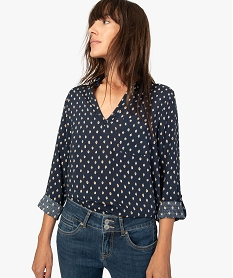 GEMO Blouse femme fluide à motifs et col v à boutons Bleu