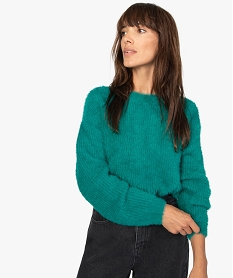 GEMO Pull femme à col rond en maille duveteuse Vert