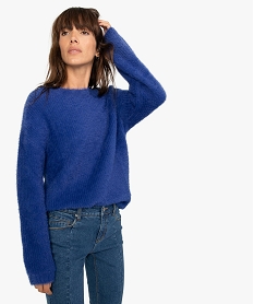GEMO Pull femme  à col rond en maille duveteuse Bleu