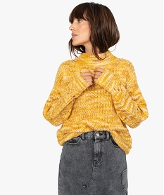 GEMO Pull femme en grosse maille colorée et manches ajourées Jaune