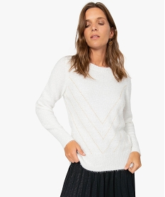 pull femme en maille poilue avec broderie perles de rocaille blanc pullsA154801_1