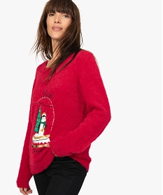 GEMO Pull femme en maille duveteuse à grelots et motif Noël Rouge