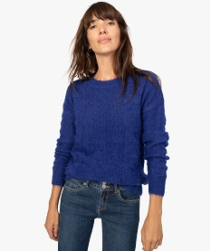 GEMO Pull femme en maille duveteuse fantaisie Bleu