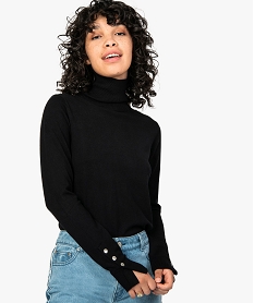 GEMO Pull femme en maille fine à col roulé et bas de manches fantaisie Noir