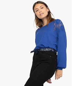 pull femme fin avec empiecements dentelle bleuA156901_1