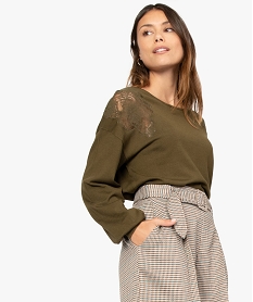 GEMO Pull femme fin avec empiècements dentelle Vert