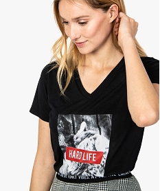 tee-shirt femme imprime a manches courtes et col v noirA158101_2