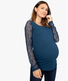 tee-shirt de grossesse a manches longues en dentelle en coton bio bleuA160201_1