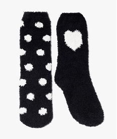 GEMO Chaussettes femme en maille bouclette à motifs pois et coeurs Noir