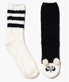 GEMO Chaussettes femme en maille bouclette à motif panda (lot de 2) Noir