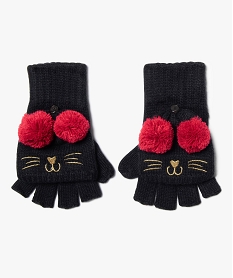 GEMO Moufles fille 2-en-1 à motif chat et pompons Noir