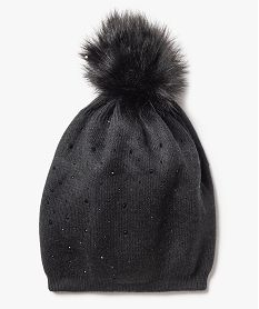 GEMO Bonnet femme avec pompon velue et strass Noir