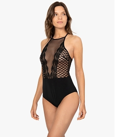 GEMO Body femme en dentelle tulle et microfibre à fines bretelles Noir